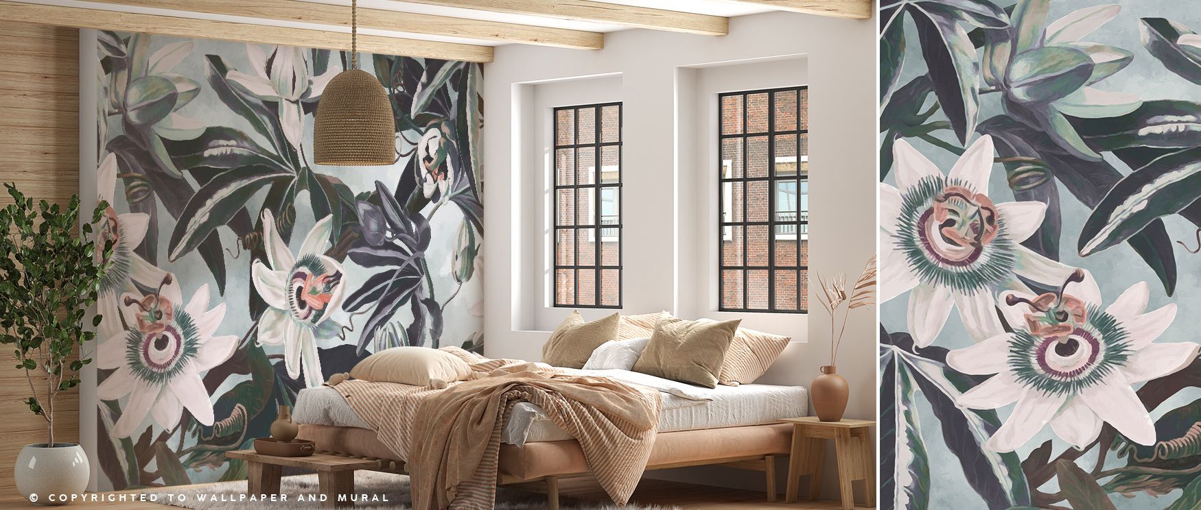 White Passiflora Wallpaper highlights blossoms arranged in refined balance, each flower presented with natural elegance. Its tones create calm and serenity, reflecting artistry and timeless beauty. This wallpaper enriches bedrooms, kitchens, or living spa