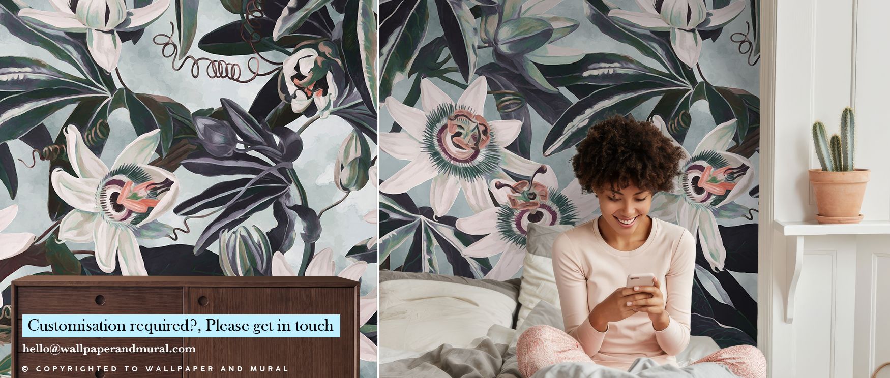 White blossoms emerge with graceful detail in the White Passiflora Wallpaper, their soft tones reflecting balance and natural refinement. The design carries calmness and subtle vitality, enriching interiors such as bedrooms or kitchens with timeless flora
