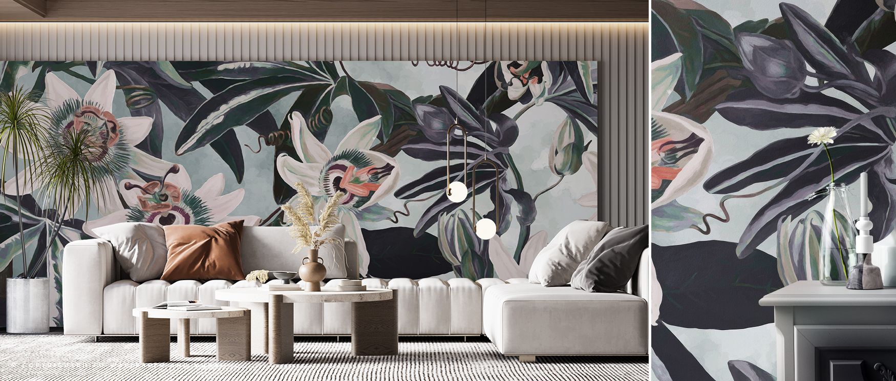The White Passiflora Wallpaper celebrates natural artistry through blossoms arranged in delicate flow. Each detail highlights calm beauty, enhancing interiors with floral sophistication. Bedrooms, kitchens, and living rooms become expressive with its time