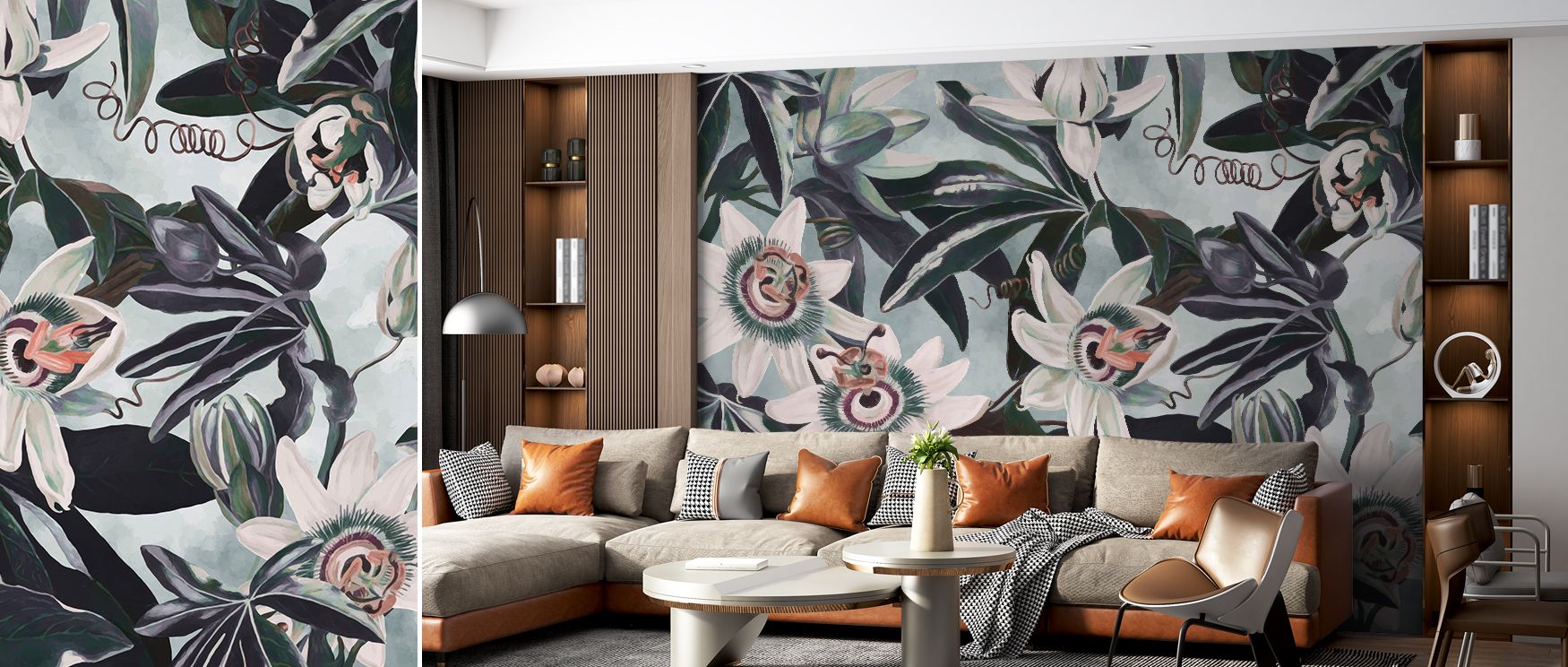 Blossoms of passiflora form elegant patterns in the White Passiflora Wallpaper, their soft imagery creating balance and calm. The design captures refinement, enriching bedrooms, kitchens, or shared living areas with natural floral charm and subtle sophist