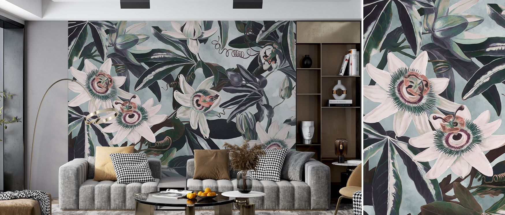 Blossoms placed with precision shape the White Passiflora Wallpaper, presenting floral artistry in its purest form. Its refined tones highlight elegance and charm, enriching bedrooms, kitchens, or shared interiors with timeless floral imagery. 