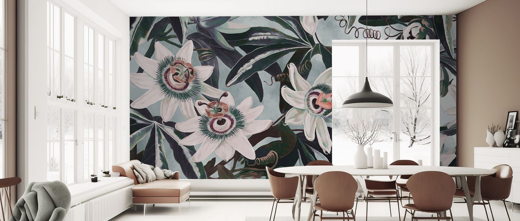 The White Passiflora Wallpaper embodies serenity through blossoms set gracefully in refined compositions. Its tones reflect calm beauty, uplifting kitchens, bedrooms, or living areas with delicate floral imagery that conveys timeless elegance. 