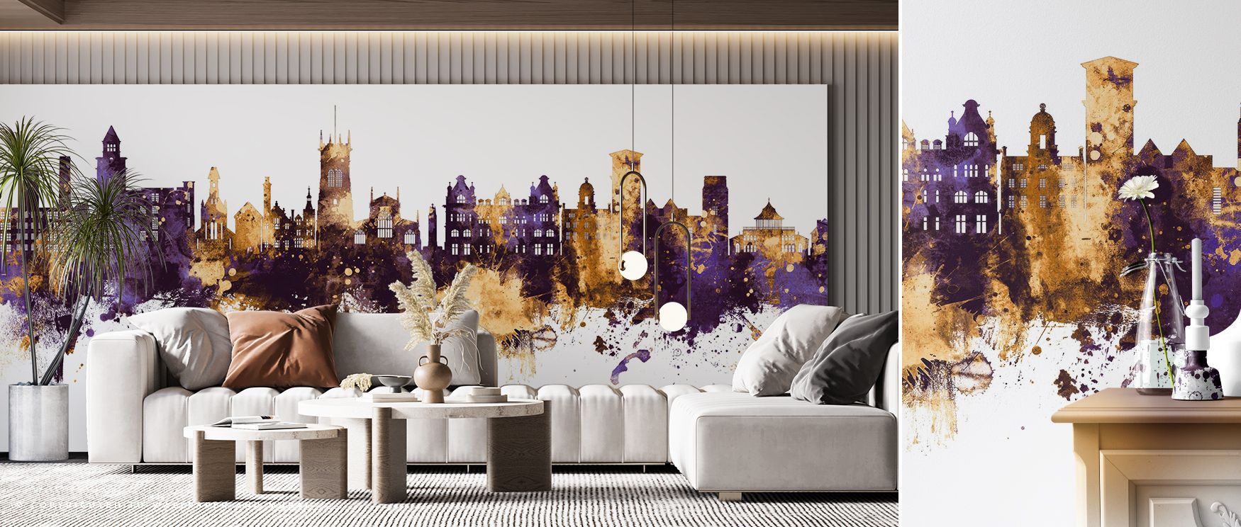 City structures rise in striking purple and gold tones in the Wigan England Skyline Wallpaper. Its design balances bold contrast with refined elegance, transforming offices, bedrooms, or living areas into stylish spaces filled with cultural artistry. 
