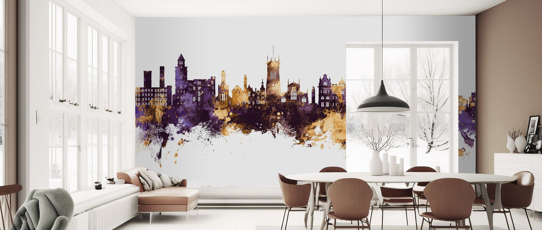 Strong city silhouettes define the Wigan England Skyline Purple & Gold Wallpaper, blending luminous tones with expressive artistry. Its design uplifts bedrooms, living rooms, and offices with modern elegance and cultural refinement. 