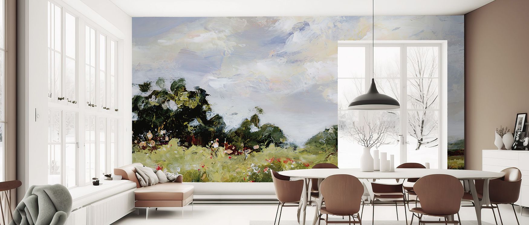 Wildflower Meadow Wallpaper illustrates blossoms flowing across gentle tones, capturing natural beauty. Its imagery conveys artistic refinement, uplifting bedrooms, kitchens, or shared interiors with timeless charm and calm decorative artistry. 