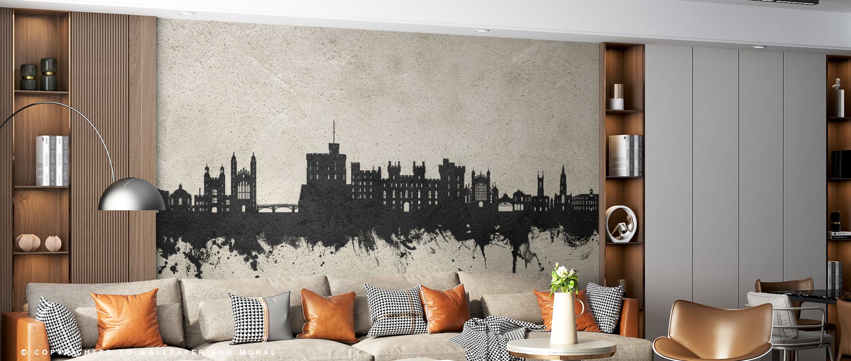 Strong silhouettes define the Windsor England Skyline Concrete Wallpaper, where architectural lines meet concrete-inspired tones. The design balances history with modern refinement, uplifting bedrooms, offices, and shared spaces with cultural depth and st