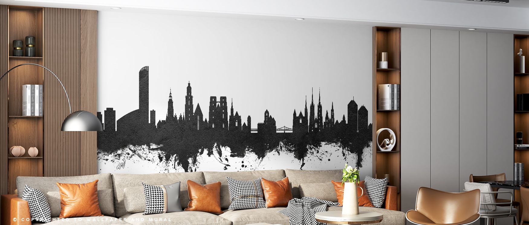 The Wroclaw Poland Skyline Black & White Wallpaper highlights silhouettes of iconic architecture. Its imagery conveys cultural heritage with refined balance, uplifting bedrooms, offices, and shared interiors with timeless artistic expression. 