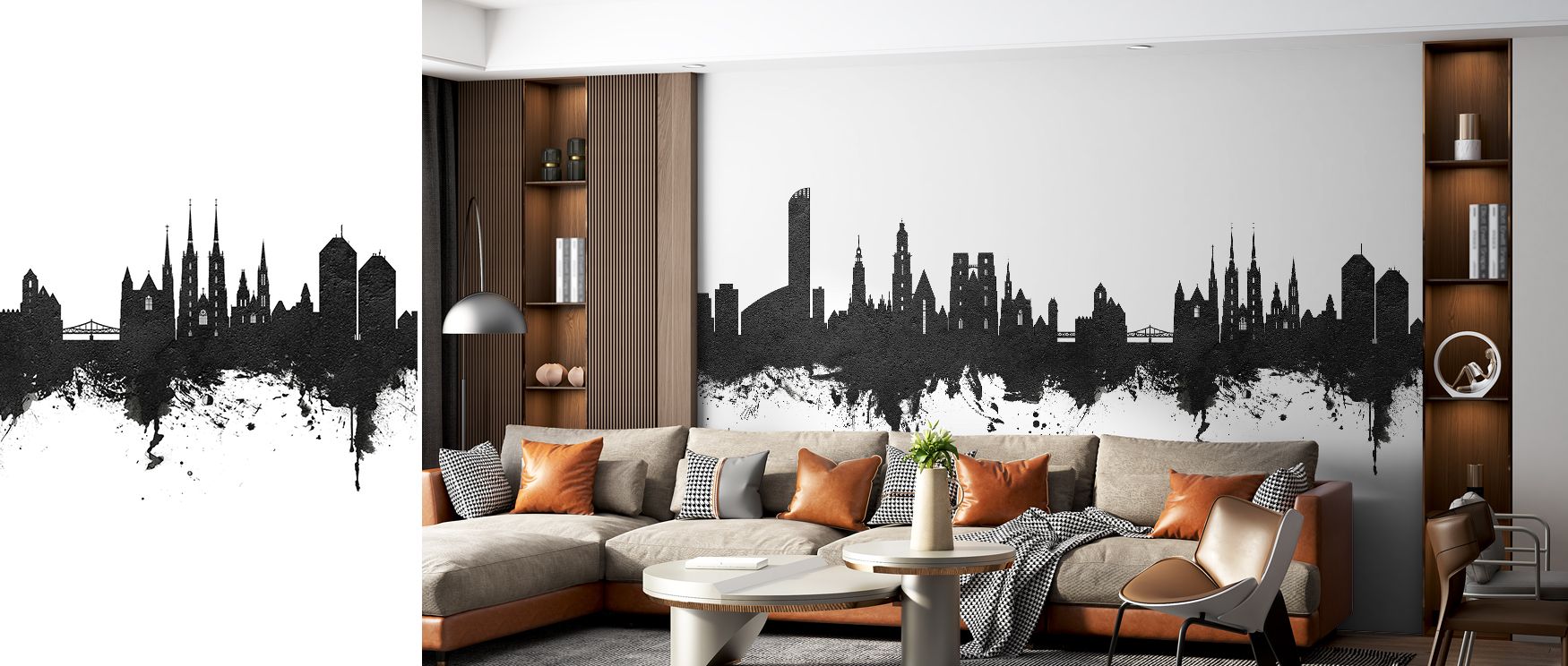 Monochrome artistry defines the Wroclaw Poland Skyline Black & White Wallpaper, where historic architecture is highlighted with clarity. Its design uplifts offices, bedrooms, or shared interiors with cultural refinement and urban elegance. 