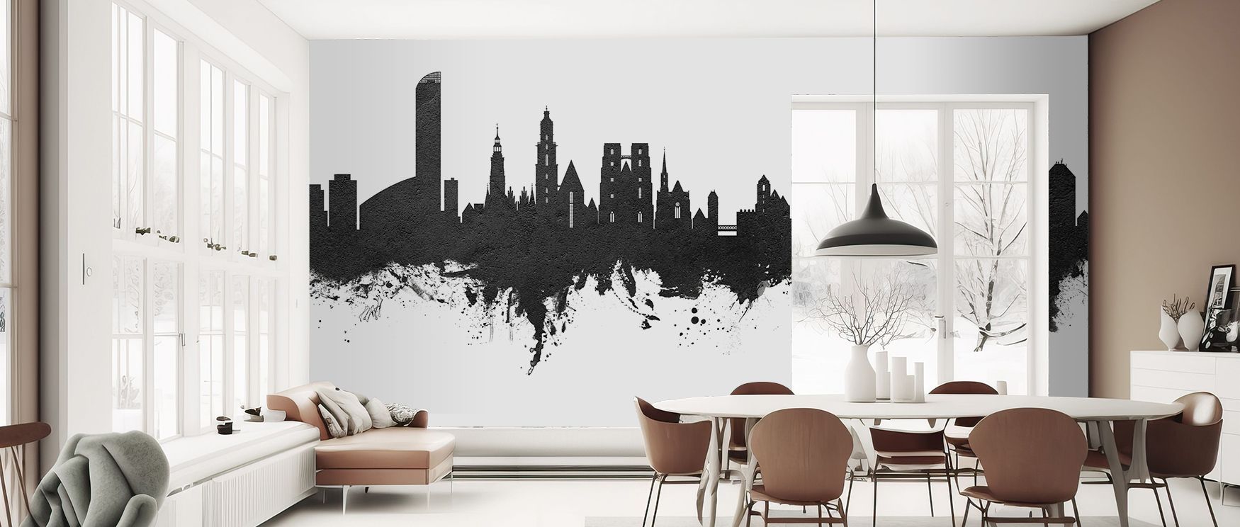 Wroclaw Poland Skyline Black & White Wallpaper conveys heritage through bold city imagery. Its design captures modern refinement, uplifting offices, bedrooms, or living rooms with cultural presence and architectural artistry. 