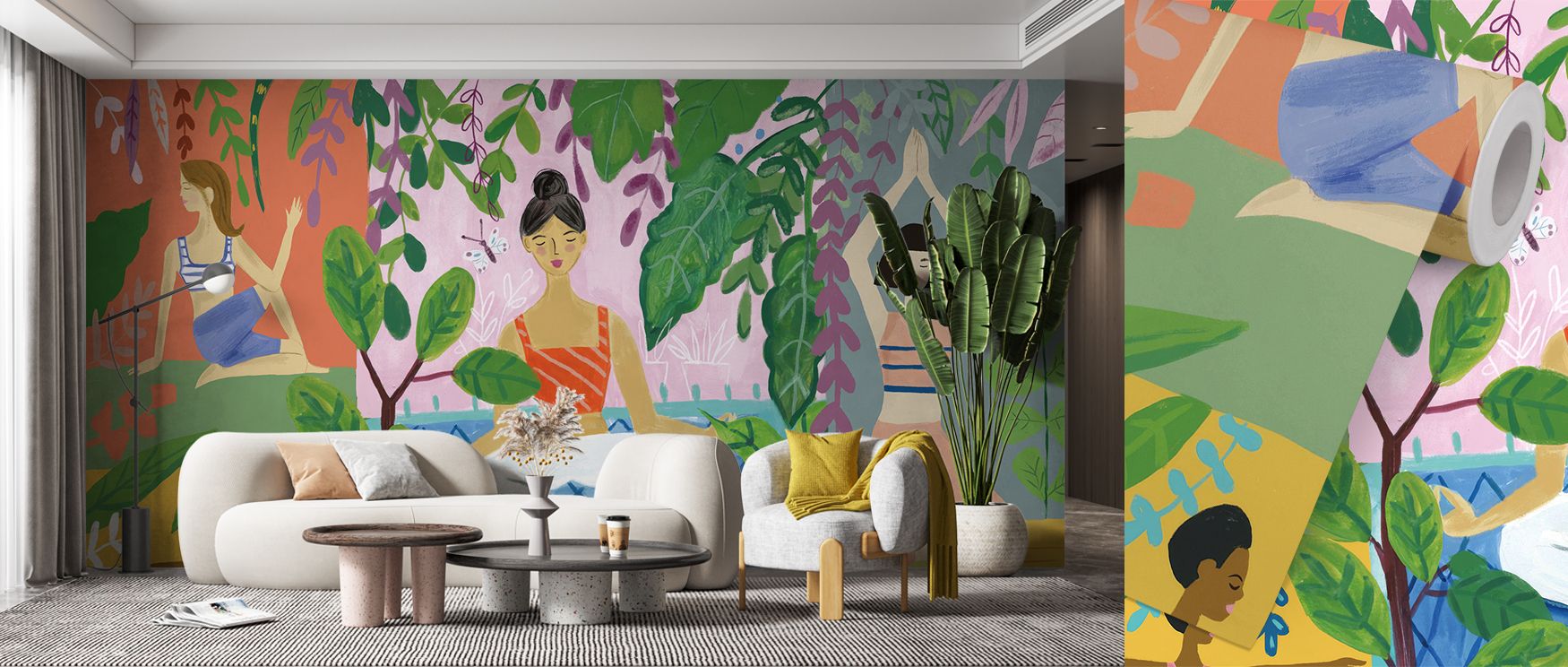 Yoga Plants Wallpaper embodies natural elegance through detailed plant motifs. Its design conveys tranquility and harmony, enhancing bedrooms, yoga studios, or living rooms with expressive decorative artistry. 