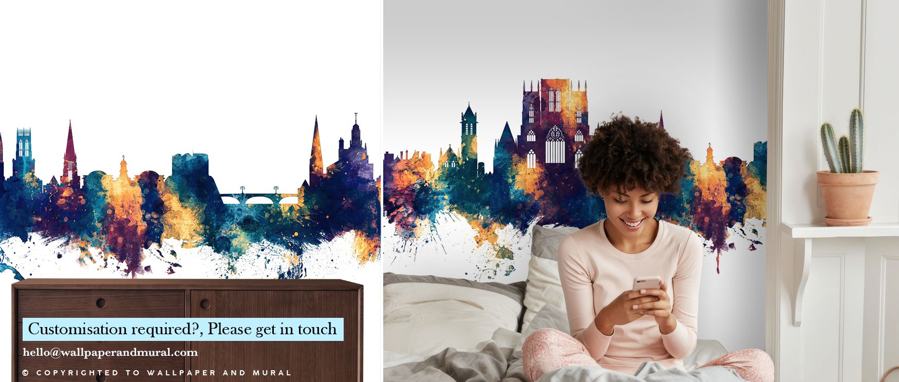 York England Skyline Blue & Bronze Wallpaper highlights expressive silhouettes with bold contrasts. Its design reflects cultural refinement, uplifting bedrooms, offices, or shared interiors with artistic sophistication. 
