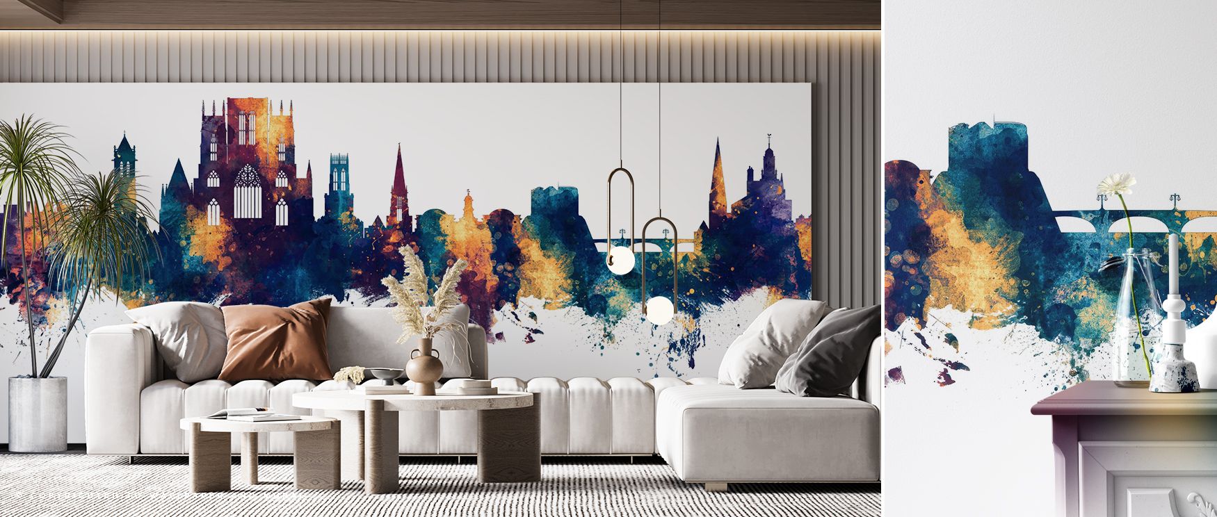 The York England Skyline Blue & Bronze Wallpaper highlights cultural architecture in bold contrasts. Its imagery conveys urban refinement, enhancing bedrooms, offices, or living rooms with timeless sophistication and artistic balance. 