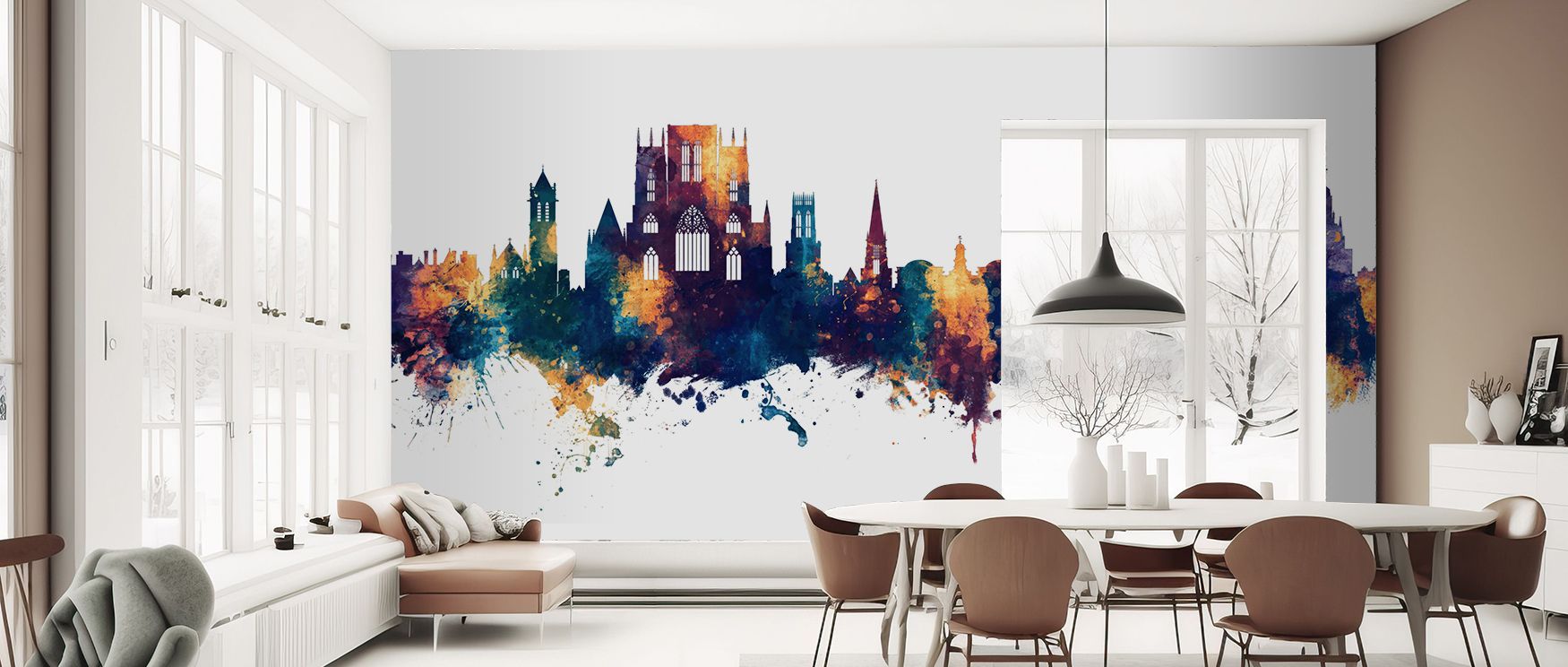The York England Skyline Blue & Bronze Wallpaper conveys cultural artistry through bold tones and detailed structures. Its design enriches offices, bedrooms, or shared interiors with sophistication and modern balance. 