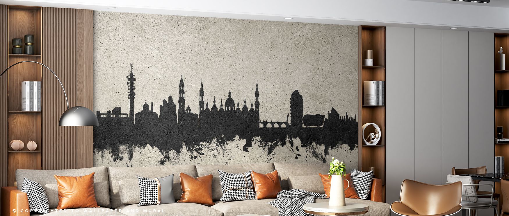 Zaragoza Spain Skyline Concrete Wallpaper illustrates urban artistry with expressive silhouettes. Its tones balance strength and elegance, offering walls architectural depth and rhythm. This design uplifts offices, bedrooms, and living areas with sophisti