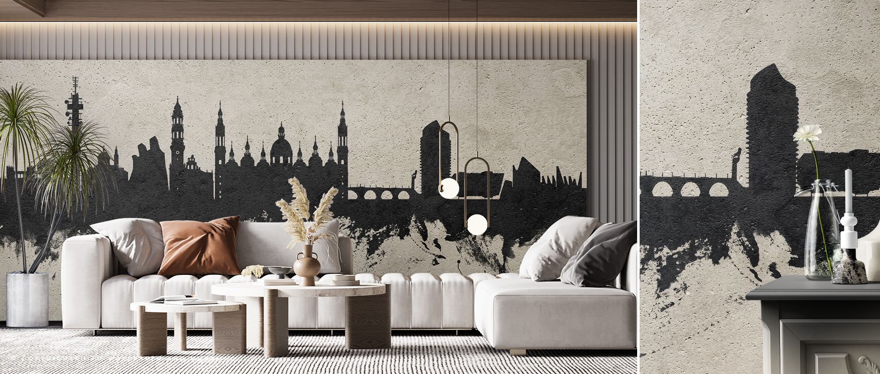 Zaragoza Spain Skyline Concrete Wallpaper conveys iconic charm through bold silhouettes arranged in concrete tones. Its imagery radiates refinement and cultural depth, making bedrooms, offices, and living spaces feel expressive, stylish, and enriched with