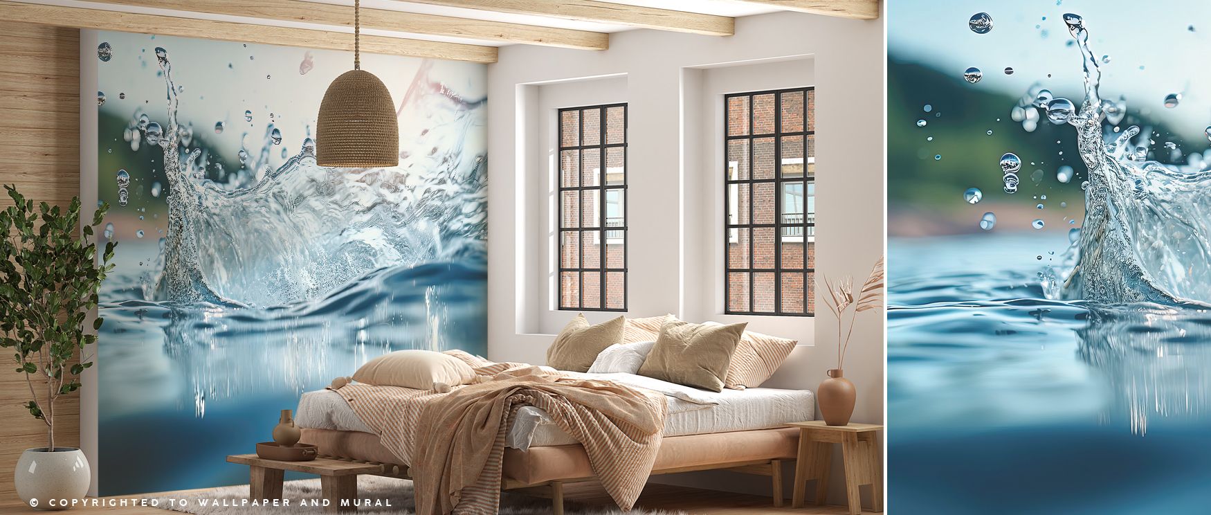The Water Splash Wallpaper illustrates arcs and droplets flowing across surfaces in expressive rhythm. Its imagery conveys vitality and balance, enhancing bedrooms, offices, or living areas with refreshing artistry and modern decorative style. 