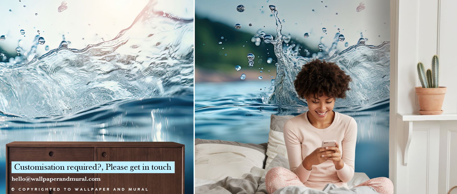 Water Splash Wallpaper embodies vitality with arcs captured in motion. Its design reflects balance and clarity, uplifting bedrooms, offices, and shared interiors with refreshing artistry and elegant decorative presence. 
