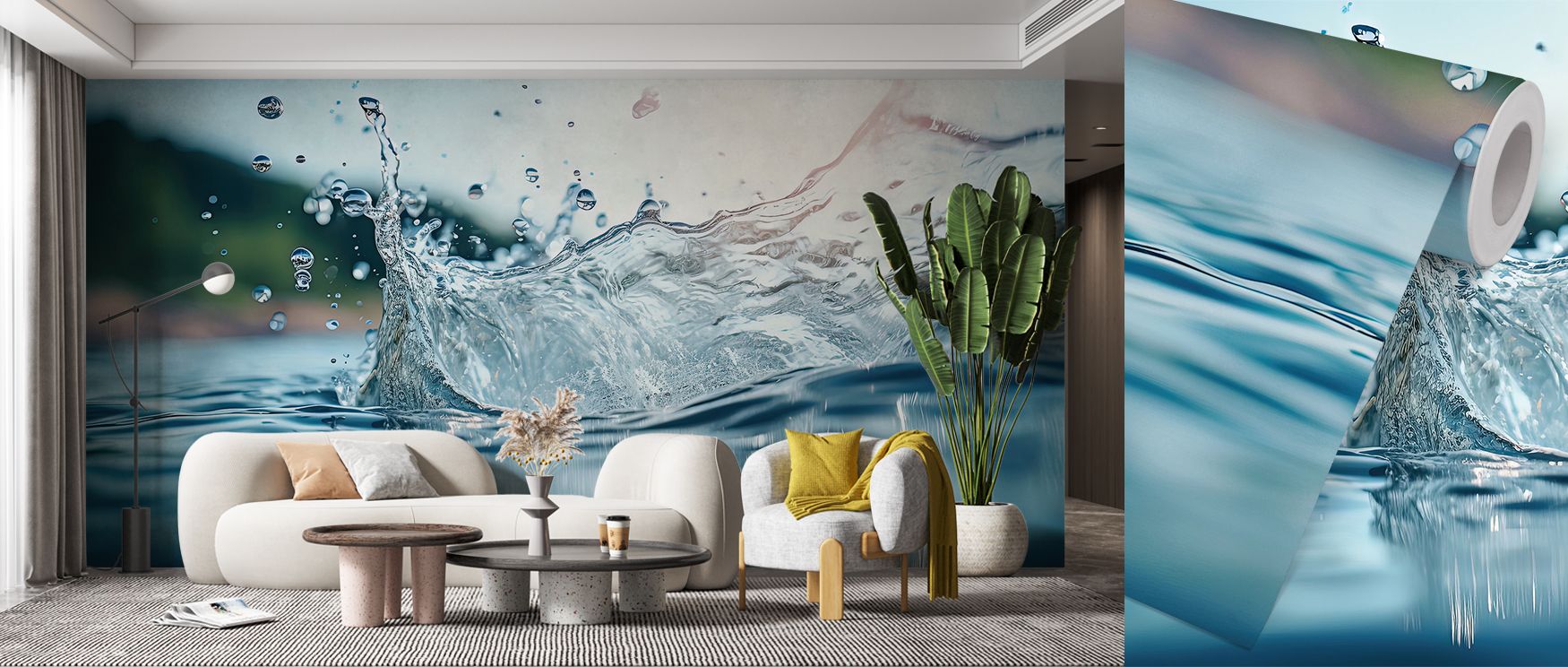 The Water Splash Wallpaper highlights expressive arcs in rhythmic flow. Its imagery radiates vitality and refinement, enriching bedrooms, offices, or living rooms with artistic freshness and decorative sophistication. 