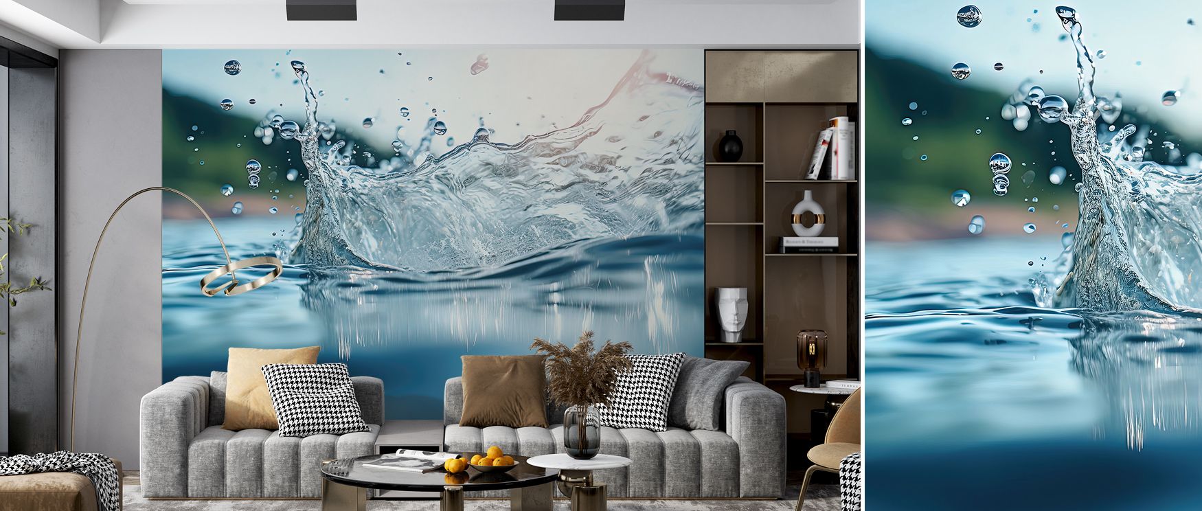 Water Splash Wallpaper radiates freshness with arcs in rhythmic detail. Its imagery reflects balance and refinement, uplifting bedrooms, offices, or shared interiors with artistic vitality and decorative sophistication. 