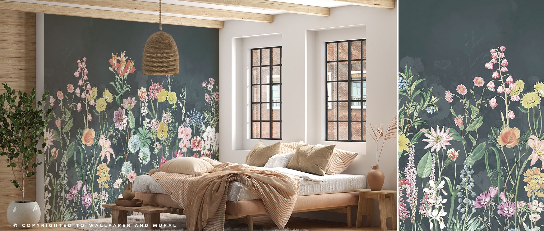 Spring Floral in Dark Wallpaper displays blossoms emerging vividly from a rich backdrop, balancing delicacy and depth. Its imagery conveys artistic elegance, enriching bedrooms, kitchens, or living spaces with charm and timeless floral refinement. 