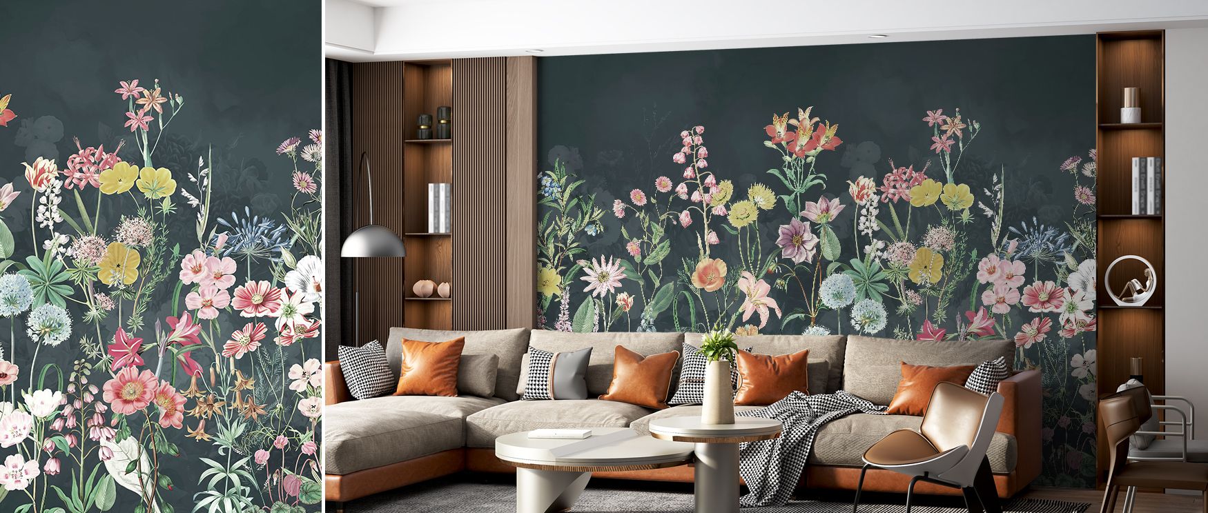 Spring Floral in Dark Wallpaper radiates elegance through blossoms illuminated against dramatic tones. Its imagery reflects balance and sophistication, enriching bedrooms, kitchens, or living areas with floral refinement and decorative grace. 
