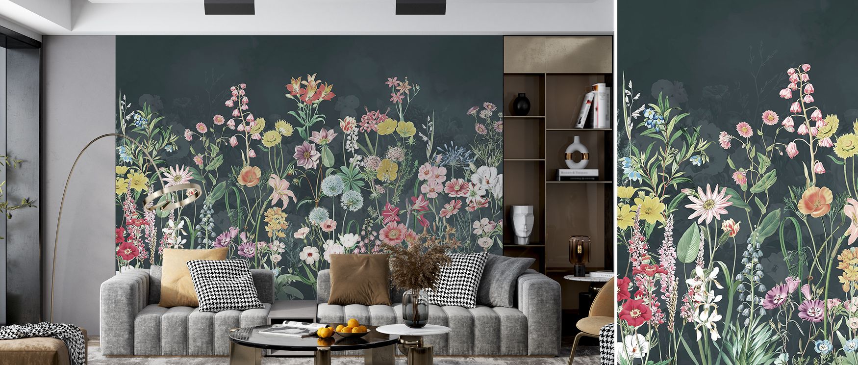 Spring Floral in Dark Wallpaper embodies contrast with blossoms that shine against bold tones. Its design uplifts bedrooms, kitchens, or living rooms with floral refinement, artistic rhythm, and expressive charm. 