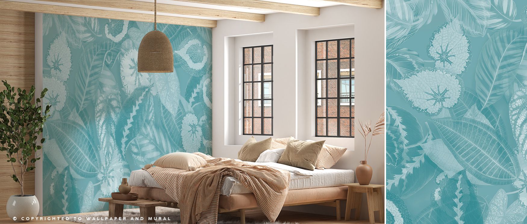 Tropical Leaf in Teal Wallpaper showcases lush leaves arranged in rhythmic layers, radiating vitality. Its design enriches bedrooms, offices, or living spaces with tropical charm, artistic refinement, and refreshing decorative presence. 