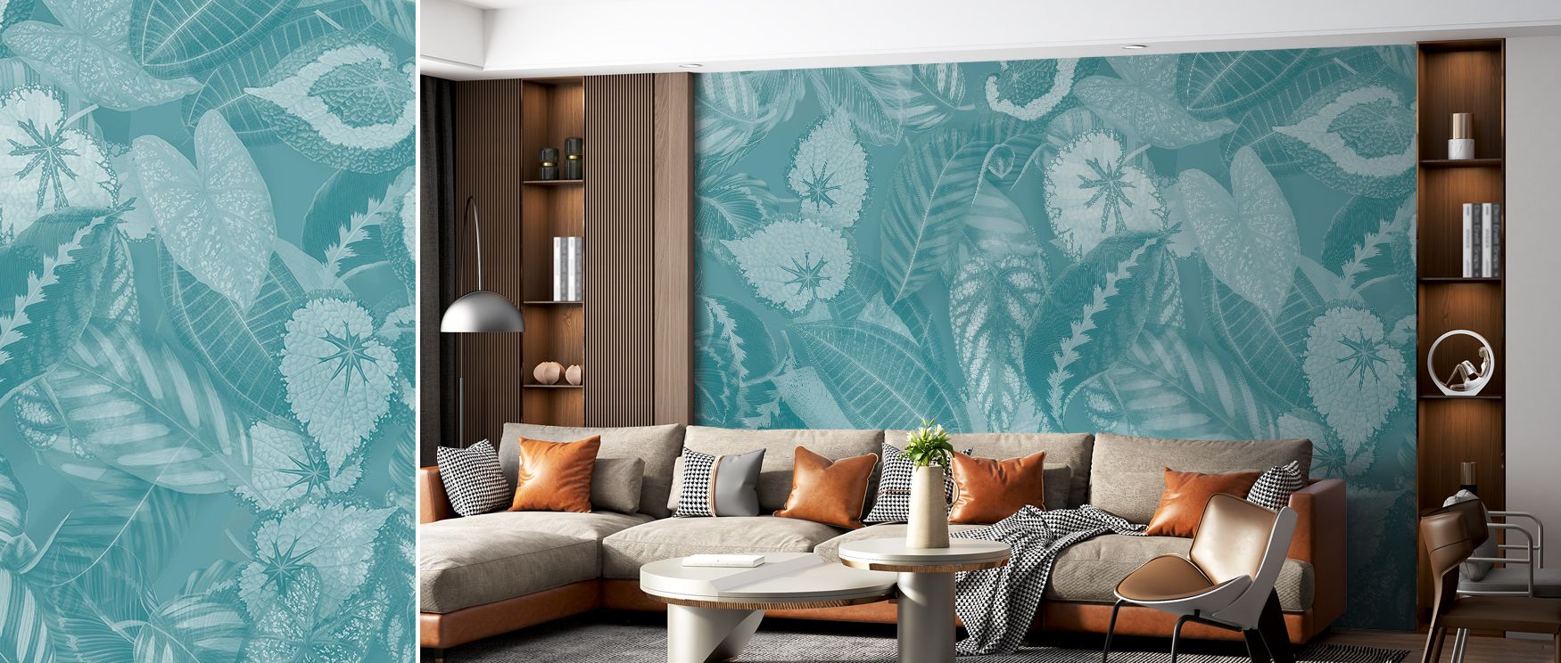 Tropical Leaf in Teal Wallpaper embodies vitality through flowing teal foliage. Its composition conveys artistry and freshness, uplifting bedrooms, offices, or living rooms with lively tropical rhythm. 