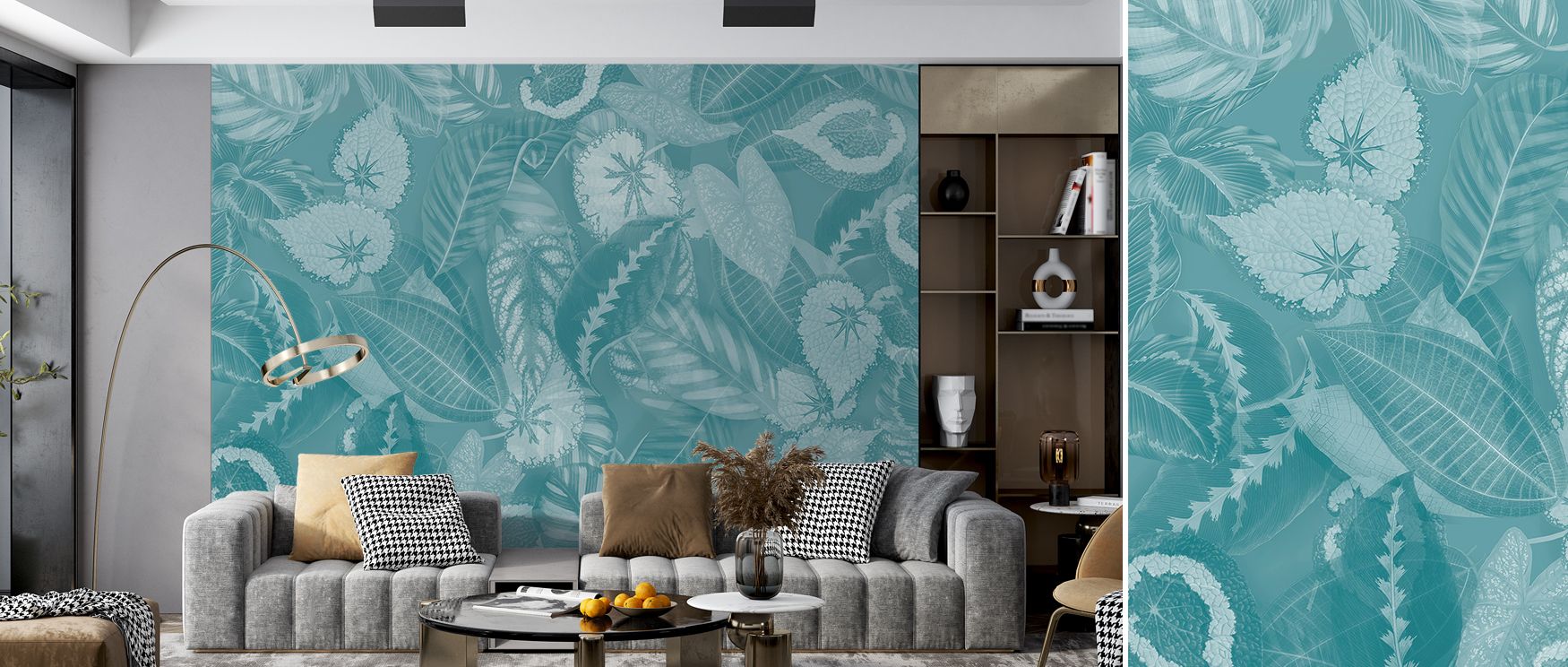 Detailed foliage defines the Tropical Leaf in Teal Wallpaper, reflecting tropical artistry. Its imagery uplifts bedrooms, offices, or living rooms with decorative rhythm, vibrancy, and refreshing natural energy. 