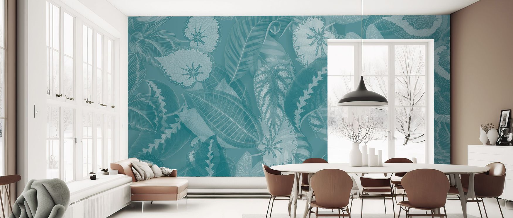 Tropical Leaf in Teal Wallpaper reflects vibrancy with leaves designed in rhythmic flow. Its imagery enriches bedrooms, offices, or shared interiors with artistic freshness, boldness, and tropical sophistication. 