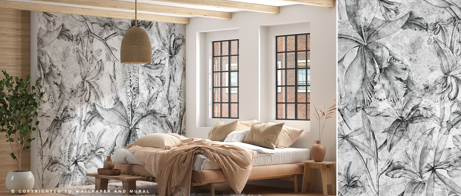 Floral in Black and White Wallpaper highlights blossoms presented in monochrome rhythm, emphasizing elegance. Its imagery enriches bedrooms, offices, or living rooms with timeless floral refinement and calm decorative charm. 