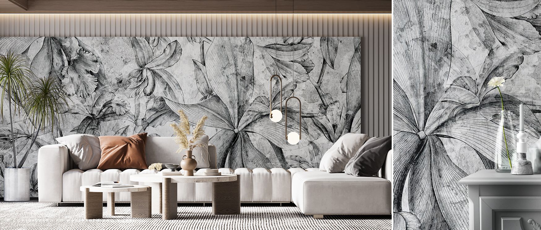 Floral in Black and White Wallpaper embodies timeless refinement with blossoms arranged in soft monochrome balance. Its imagery uplifts bedrooms, offices, or living areas with artistic charm and calm decorative sophistication. 