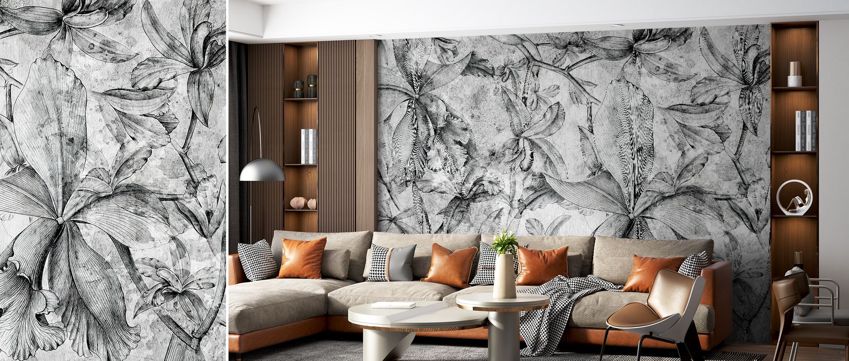 Monochrome floral imagery defines the Floral in Black and White Wallpaper, arranged in rhythmic flow. Its design enriches bedrooms, offices, or shared interiors with artistic refinement and timeless decorative beauty. 