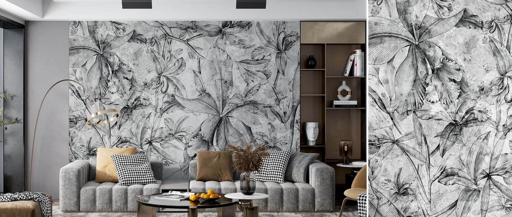 Blossoms captured in black and white artistry enhance the Floral in Black and White Wallpaper. Its design conveys refinement and balance, uplifting bedrooms, offices, or living areas with elegant floral compositions. 