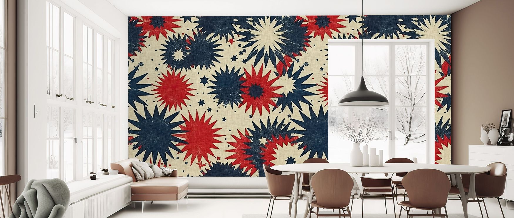Fireworks illustrated in rhythmic bursts define the 4th of July Fireworks Premium Wallpaper. Its design conveys celebratory vibrancy, uplifting bedrooms, offices, or shared spaces with patriotic decorative charm. 