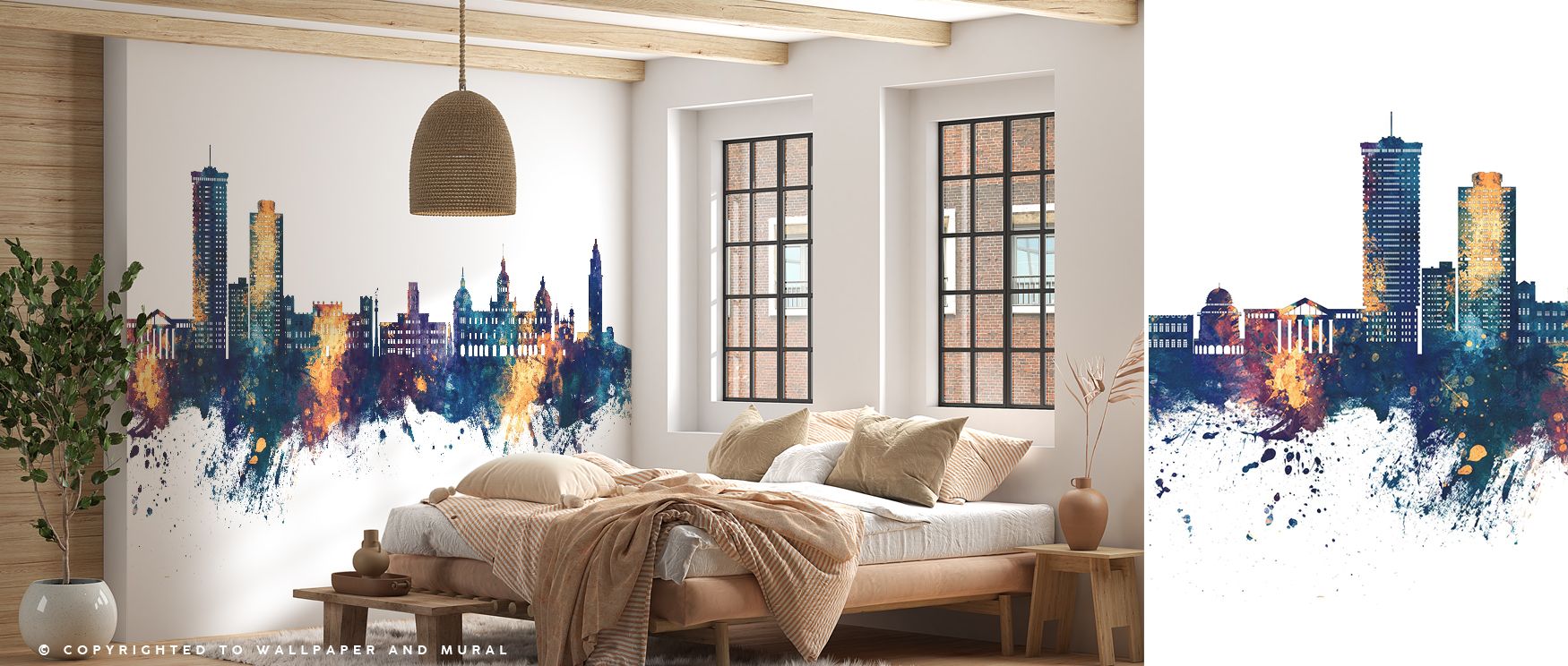 A Coruña Spain Skyline Blue & Bronze Wallpaper reflects iconic structures in expressive tones. Its imagery conveys cultural depth and refinement, uplifting bedrooms, offices, or living rooms with architectural artistry. 