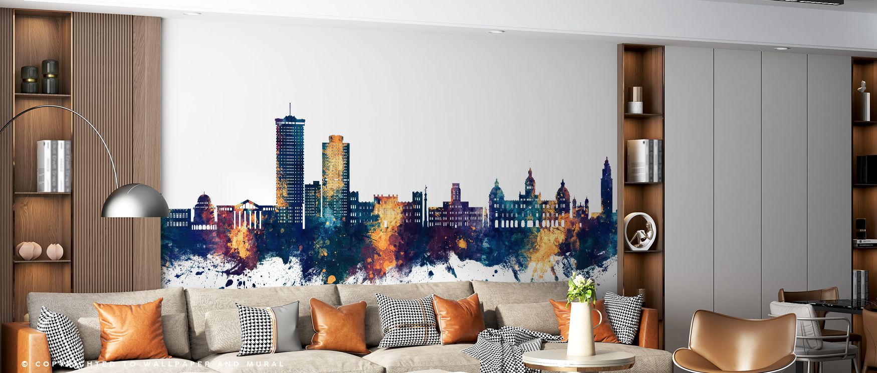The A Coruña Spain Skyline Blue & Bronze Wallpaper conveys sophistication with silhouettes illuminated in bold tones. Its imagery reflects urban elegance, enriching bedrooms, offices, or shared spaces with cultural refinement and architectural artistry. 