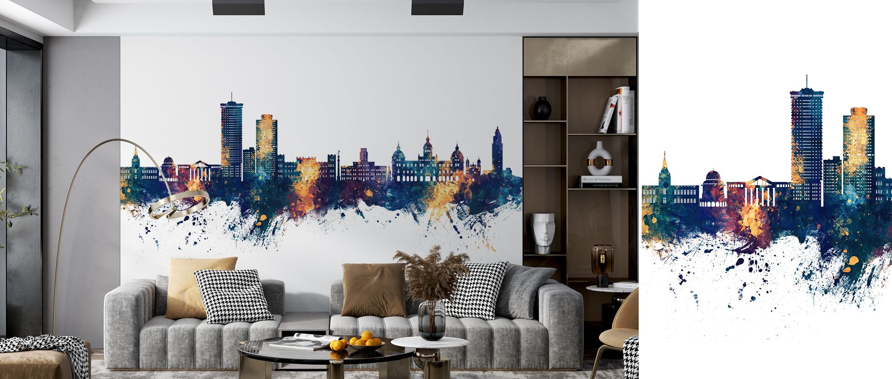 Urban silhouettes in blue and bronze tones define the A Coruña Spain Skyline Wallpaper. Its design highlights balance and charm, enriching bedrooms, offices, or shared interiors with stylish decorative rhythm. 