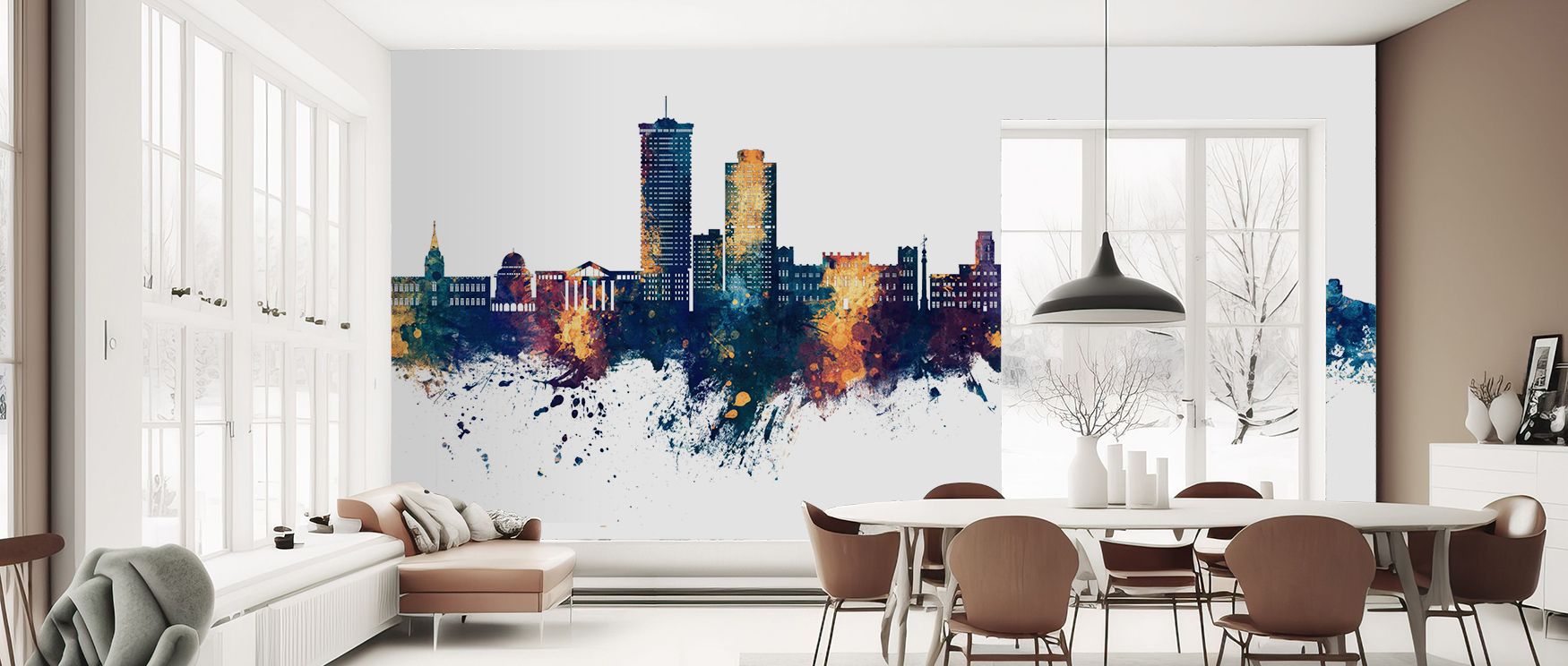 A Coruña Spain Skyline Blue & Bronze Wallpaper embodies sophistication with detailed silhouettes. Its imagery reflects cultural strength, enhancing bedrooms, offices, or living rooms with timeless decorative artistry. 