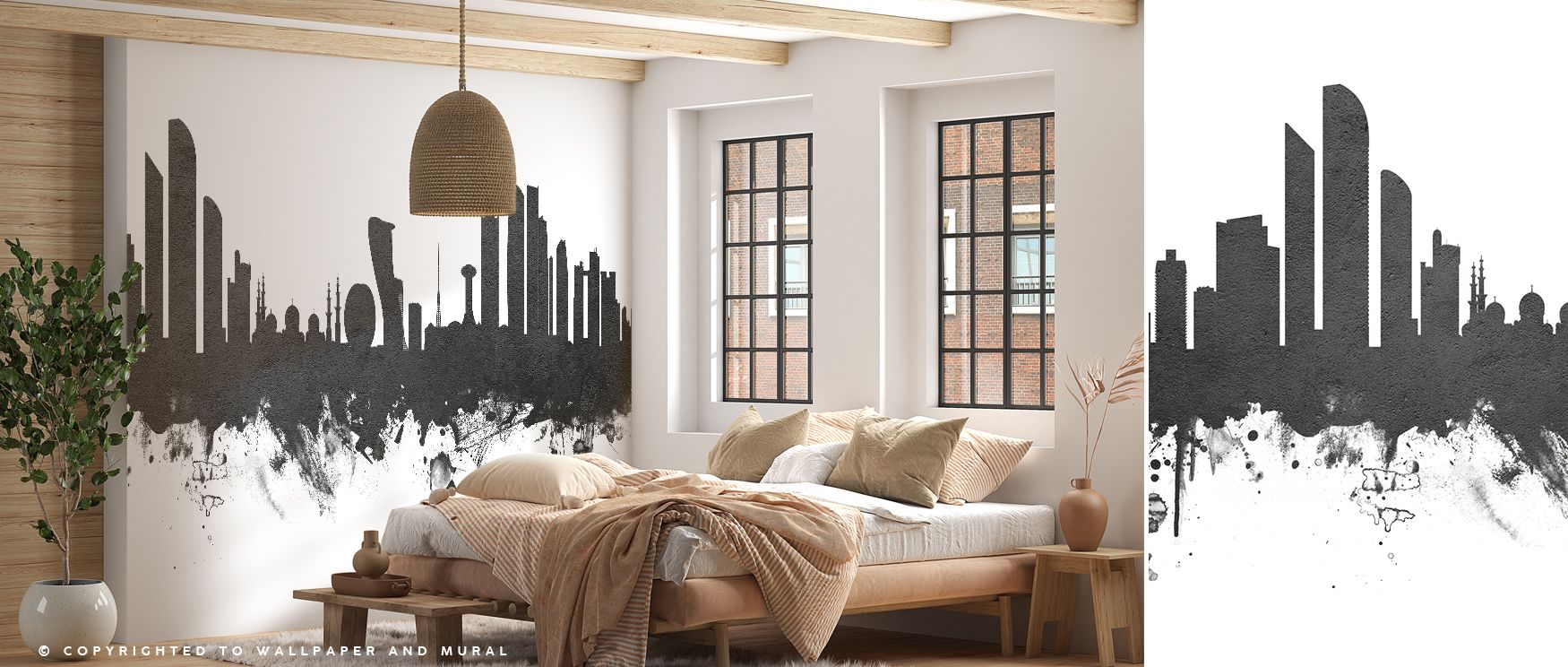 Abu Dhabi Skyline Black & White Wallpaper presents detailed silhouettes in monochrome tones. Its design conveys strength and refinement, enriching bedrooms, offices, or living rooms with architectural artistry and cultural charm. 