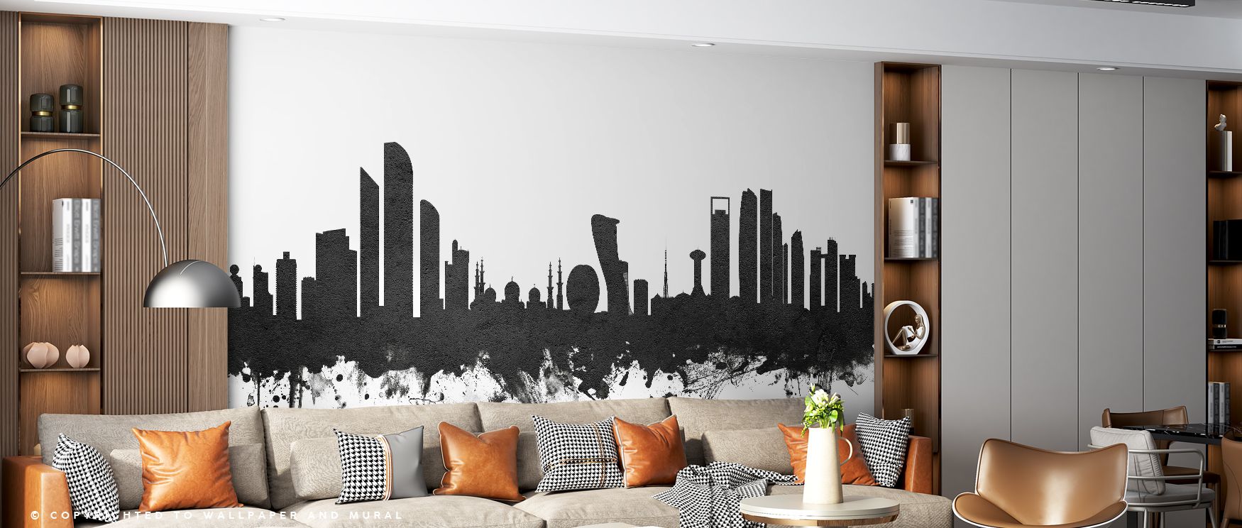 Monochrome architectural imagery defines the Abu Dhabi Skyline Black & White Wallpaper. Its design reflects urban refinement, uplifting bedrooms, offices, or shared interiors with timeless artistry and cultural depth. 