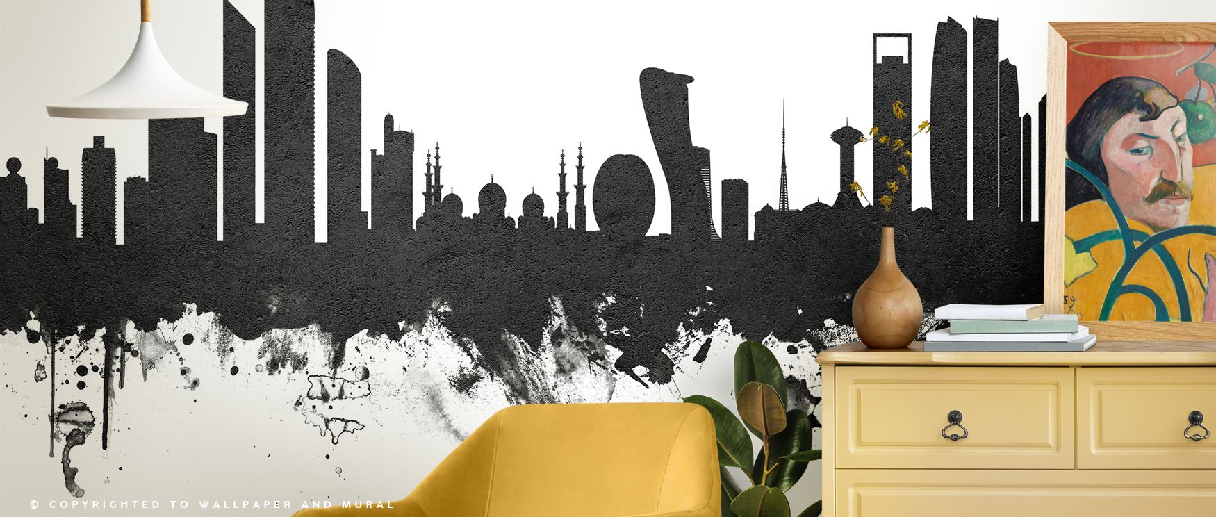 Abu Dhabi Skyline Black & White Wallpaper illustrates architectural silhouettes in strong monochrome tones. Its imagery reflects urban refinement, enriching bedrooms, offices, or living areas with cultural depth and decorative strength. 