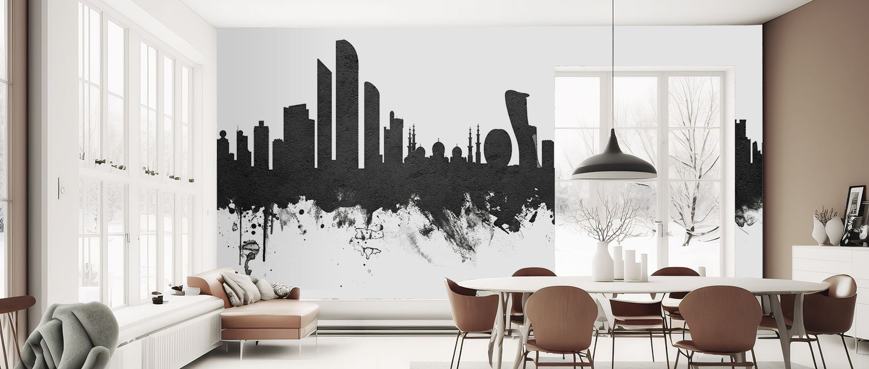 Expressive architectural imagery defines the Abu Dhabi Skyline Black & White Wallpaper. Its design reflects cultural identity, enriching bedrooms, offices, or shared spaces with artistic refinement and modern urban charm. 