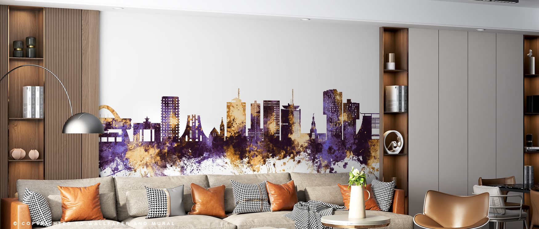 Bold silhouettes define the Accra Ghana Skyline Purple & Gold Wallpaper. Its imagery reflects cultural depth and modern artistry, uplifting bedrooms, offices, or shared spaces with stylish decorative refinement. 