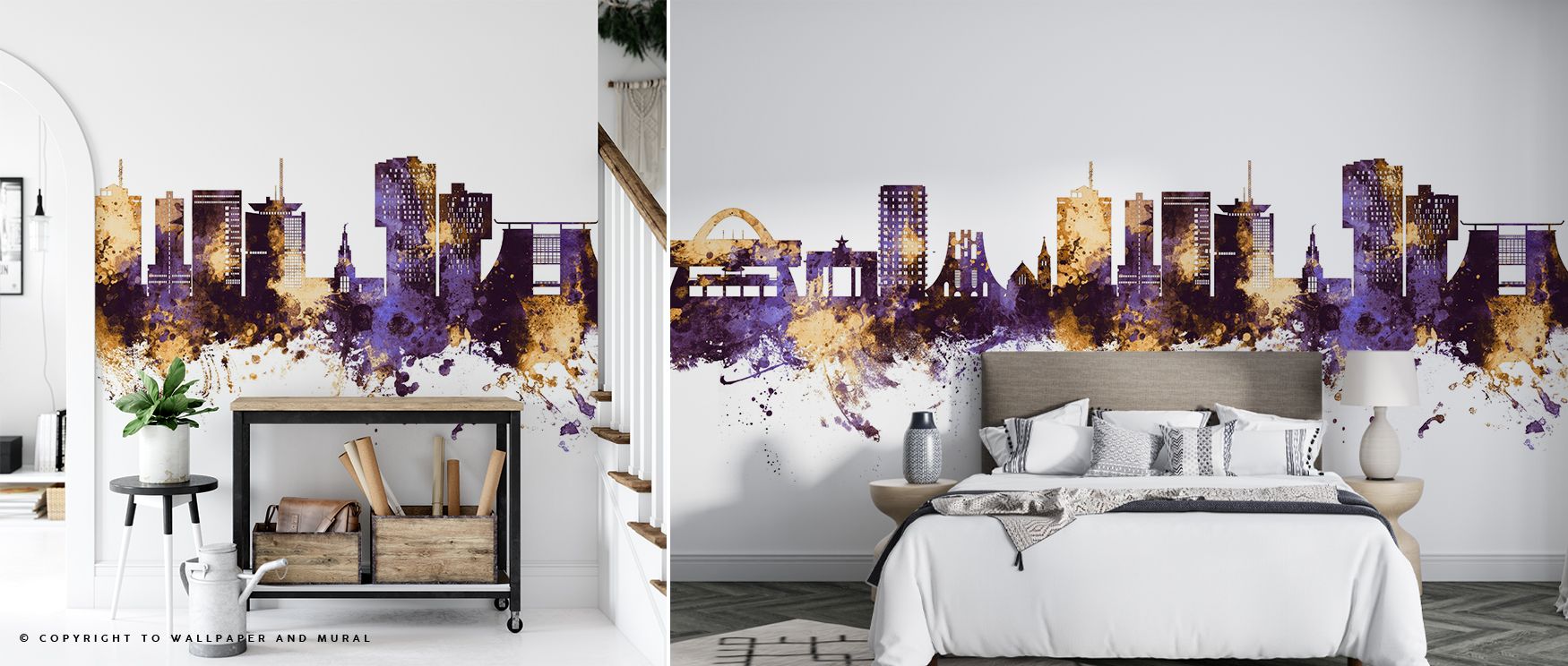 Accra Ghana Skyline Purple & Gold Wallpaper enhances interiors with expressive urban imagery. Its design conveys charm and sophistication, enriching bedrooms, offices, or living areas with architectural rhythm and cultural artistry. 
