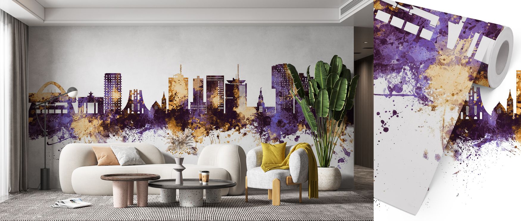 The Accra Ghana Skyline Purple & Gold Wallpaper presents silhouettes illuminated with luminous tones. Its imagery reflects cultural presence, uplifting bedrooms, offices, or shared interiors with stylish urban artistry. 