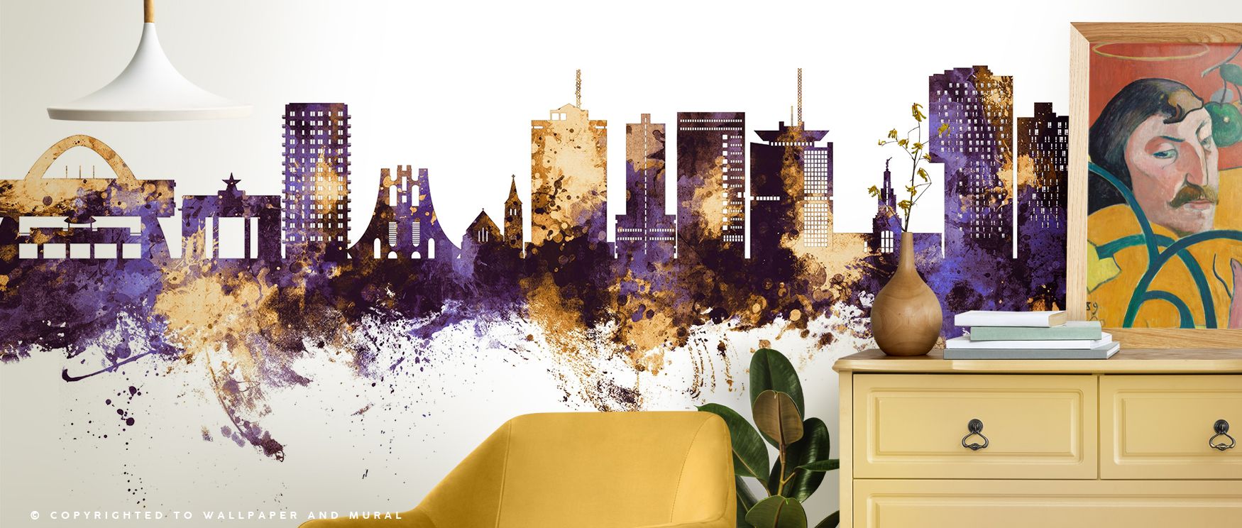 Accra Ghana Skyline Purple & Gold Wallpaper illustrates urban refinement through bold tones and expressive silhouettes. Its design enriches bedrooms, offices, or living rooms with cultural charm and decorative sophistication. 