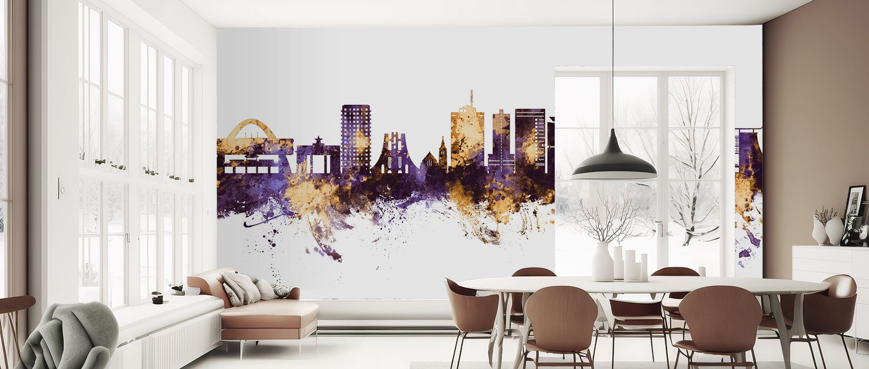 Expressive architectural forms shape the Accra Ghana Skyline Purple & Gold Wallpaper. Its design reflects modern balance, uplifting bedrooms, offices, or shared spaces with stylish decorative artistry and cultural refinement. 