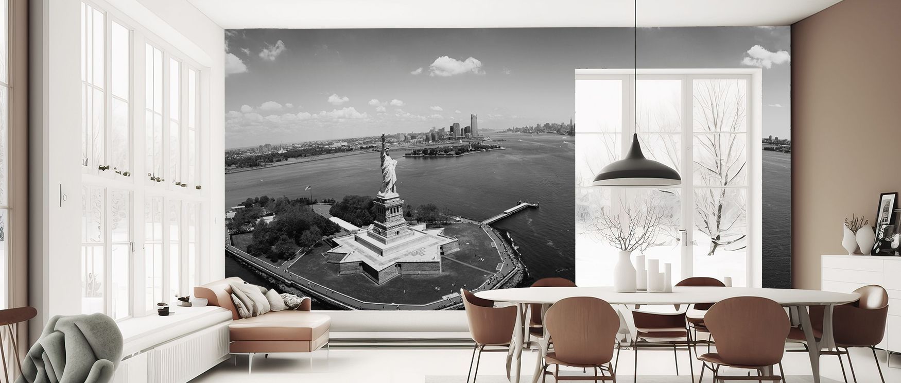 Aerial Liberty Wallpaper emphasizes strength through aerial imagery of liberty. Its design uplifts bedrooms, offices, or living interiors with expressive decorative refinement and patriotic sophistication. 
