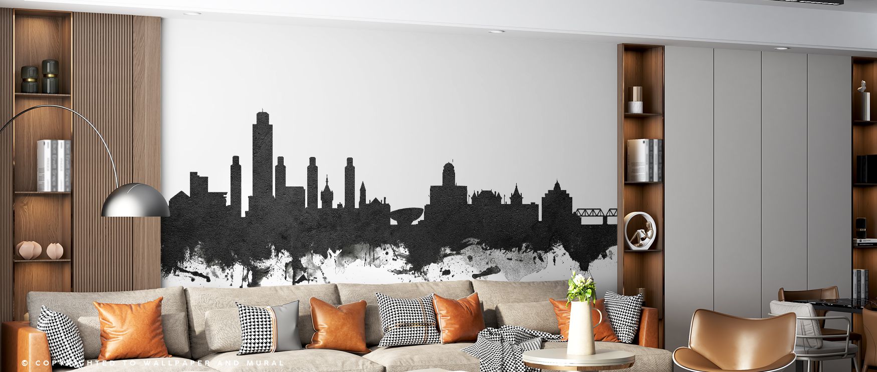 Architectural silhouettes define the Albany New York Skyline Black & White Wallpaper, arranged in strong contrast. Its imagery conveys urban refinement, enriching bedrooms, offices, or shared interiors with decorative charm and cultural artistry. 